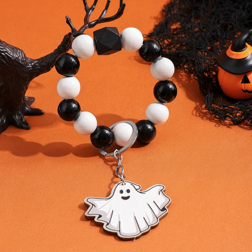 Wholesale Halloween Wooden Spooky Pumpkin Spider Beaded Wrist Keychain